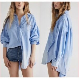We The Free FP Cool & Clean Soild Button Down Waffle Knit Oversize Top Blue Sz S